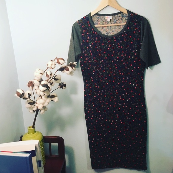 LuLaRoe Julia Dress Floral Red Gray Navy Medium - Picture 3 of 4